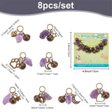 Natural Amethyst Pet Collar Charms, Alloy Pendant Decoration with Bells for Cat Dog Rabbit, Moon/Heart/Star/Paw Print, Antique Bronze, 26~30mm, 8pcs/set