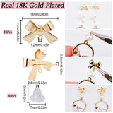 24Pcs Brass Stud Earring Findings, Bowknot, with Horizontal Loops & 20Pcs Plastic Ear Nuts, Real 18K Gold Plated, 11x16mm, Hole: 1.2mm, Pin: 0.6mm