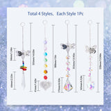 4Pcs 4 Style Hanging Suncatcher, Iron & Faceted Glass Pendant Decorations, with Jump Ring, Butterfly/Bee/Heart, Mixed Color, 330~380x1~2mm, 1pc/style