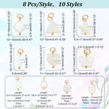 80Pcs 10 Styles Natural Freshwater Shell Pendants, Teardrop & Heart & Rhombus Charms, Mixed Shapes, with Jump Rings, Golden, 9.5~17x6.5~15x2~5mm, Hole: 2.5mm, 8pcs/style