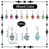 20PCS Skull Synthetic Howlite Pendant Decorations, with Brass Rhinestone Beads and Zinc Alloy Lobster Claw Clasps, Mixed Color, 48mm, Pendant: 28x14x18mm