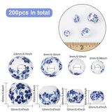 200Pcs 4 Styles Handmade Porcelain Beads, Blue and White Porcelain, Round with Flower Pattern, Blue, 6~12x5~10.5mm, Hole: 2~3mm, 50pcs/style