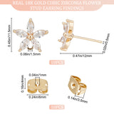 10Pcs Brass Cubic Zirconia Flower Stud Earring Findings, with Horizontal Loops & 10PPcs Friction Ear Nuts, Real 18K Gold Plated, 11.5x12mm, Hole: 1.5mm, Pin: 0.5mm