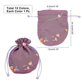 12Pcs 12 Colors Polyester Packing Pouches, Drawstring Bags, with Flower Pattern, Square, Mixed Color, 14.1x12x0.4cm, 1pc/color