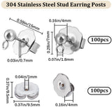 100Pcs 304 Stainless Steel Ball Post Stud Earring Findings, with Horizontal Loops and 316 Surgical Stainless Steel Pin & 100Pcs 304 Stainless Steel Ear Nuts, Stainless Steel Color, 15x7x4mm, Hole: 1.8mm, Pin: 0.7mm