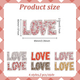 12Pcs 6 Colors Valentine's Day Theme Word LOVE Hotfix Rhinestone, Costume Accessories, Sewing Craft Decoration, Mixed Color, 40x85x2.5mm, 2pcs/color