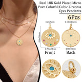 6Pcs Brass Micro Pave Colorful Cubic Zirconia Pendants, Flat Round with Eye, Real 18K Gold Plated, 20x18x2mm, Jump Ring: 5x1mm, Inner Diameter: 3.5mm.