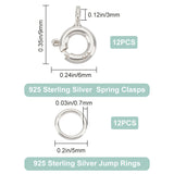 12Pcs 925 Sterling Silver Spring Ring Clasps, with 12Pcs Open Jump Rings, Silver, 9x6x1.5mm, Hole: 3mm