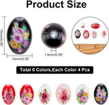 24Pcs 6 Colors Printed & Spray Painted Opaque Glass Beads, Oval with Floral Pattern, Mixed Color, 15x10mm, Hole: 1.6mm, 4pcs/color