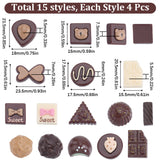 60Pcs 15 Styles Opaque Resin Imitation Chocolate Cabochons, Mixed Shapes, Mixed Color, 15~24x9.5~23.5x5.5~15.5mm, 4pcs/style