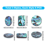 Natural Abalone Shell/Paua Shell Cabochons, with Freshwater Shell, Mixed Shapes, Colorful, 3 shapes, 6pcs/shape, 18pcs/box