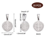 20Pcs 304 Stainless Steel Pendants, Religion, Flat Round with Saint Benedict, Stainless Steel Color, 15x12x1.5mm, Hole: 5x3mm
