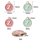 Golden Plated Alloy Enamel Charms, Enamelled Sequins, Flat Round with Alphabet, Letter A~Z, Turquoise & Flamingo, Golden, 14x12x2mm, Hole: 1.5mm, 26pcs/set, 2colors, 1set/color, 2sets/box, 52pcs/box