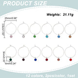 24Pcs 12 Colors Faceted Glass Birthstone Wine Glass Charms, with Brass Findings, Flat Round, Mixed Color, 38mm, 2pcs/color