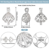 1Pc Rhodium Plated 925 Sterling Silver Empty Bead Cage Pendants, with Clear Cubic Zirconia, Shell Shape, 22x14x10mm, Hole: 4x2.5mm, Inner Diameter: 12x11.5mm