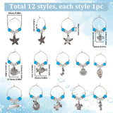 Beach Ocean Theme Alloy Wine Glass Charms, with Glass Beads and Brass Wine Glass Charm Rings, Mixed Shapes, Antique Silver & Platinum, 45~56mm, 12pcs/box