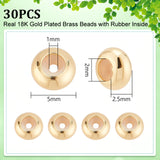 30Pcs Brass Beads, with Rubber Inside, Slider Beads, Stopper Beads, Nickel Free, Rondelle, Real 18K Gold Plated, 5x2.5mm, Hole: 2mm, Rubber Hole: 1mm