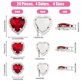 24Pcs 12 Styles Pink Series Heart Sew On Glass Rhinestones, Multi-Strand Links, with Brass Prong Settings, Mixed Color, 17.5~23.5x16~22.5x6~8mm, Hole: 1~1.2mm, 2pcs/style