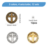 12 Sets 3 Colors Alloy Coin Screw Rivets, DIY Leather Craft Nail, Flat Round with Religion Cross, Mixed Color, 35x10mm, Hole: 2.5mm, 4 sets/color