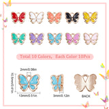 100Pcs 10 Colors Alloy Enamel Charms, Butterfly, Light Gold, Mixed Color, 10.5x13x3mm, Hole: 2mm, 10pcs/color