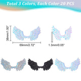 60Pcs 3 Colors PU Leather Ornament Accessories, Embossed Angel Wing, Mixed Color, 38x69x1.3mm, 20pcs/color