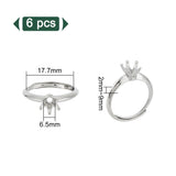 6Pcs Brass Adjustable Ring Findings, Prong Ring Settings, Platinum, US Size 7 1/2(17.7mm), Tray: 6.5mm