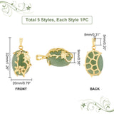 5Pcs 5 Styles Natural & Synthetic Mixed Gemstone Pendants, Natural Quartz Crystal & Green Aventurine & Tiger Eye, Synthetic Turquoise & Malachite, with Brass Findings, Oval Charm with Flower, Golden, 32x20x9mm, Hole: 5x8mm, 1pc/style