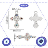 40Pcs Alloy Pendants, with Crystal Rhinestone and Colorful Enamel, Cross with Evil Eye, Platinum, 21x15x2mm, Hole: 1.8mm