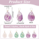 4 Sets 3 Styles Natural Mixed Stone Pendants, Natural Rose Quartz & Amethyst & Green Aventurine, Teardrop Charm, with Silver Tone Eco-Friendly Copper Wire Wrapped, 25.5x13x6.7mm, Hole: 3.4mm, 1pc/style