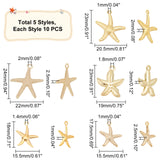 50Pcs 5 Style Iron & Alloy & Brass Pendants, Starfish/Sea Stars, Light Gold, 17.5~24x15.5~22x1~3mm, 10pcs/style