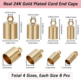 32Pcs 4 Style Brass Cord Ends, End Caps, Long-Lasting Plated, Column, Real 24K Gold Plated, 9~11x3.5~7mm, Hole: 1.5~1.8mm, Inner Diameter: 3~6mm, 8pcs/style