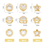 12Pcs 3 Style Brass Cubic Zirconia Multi-Strand Links, Star, Heart & Flat Round, Real 18K Gold Plated, 9x8.5~9x4.5~5mm, Hole: 2~3x2~5mm, 4pcs/style