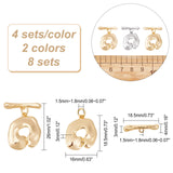 8 Sets 2 Colors Brass Toggle Clasps, Nickel Free, Real Gold Plated & Real Platinum Plated, Pendant: 18.5x16x3mm, Bar: 18.5x4x3mm, Hole: 1.5mm~1.8mm, 4 sets/color