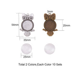 DIY Pendant Jewelry, Tibetan Style Alloy Pendant Rhinestone Cabochon Settings, with Clear Glass Cabochons, Owl, Mixed Color, 40pcs/set