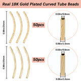 100Pcs 2 Style Rack Plating Brass Tube Beads, Fancy Cut Curved Beads, Long-Lasting Plated, Real 18K Gold Plated, 25x1.5mm, Hole: 0.8mm, 50pcs/style