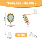 28Pcs 7 Color Brass Stud Earring Findings, with Glass and Vertical Loops, with 50Pcs Plastic Ear Nuts, Oval, Light Gold, Long-Lasting Plated, Mixed Color, 11.5x7.5mm, Hole: 1mm, Pin: 0.7mm, 4Pcs/color
