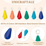 60Pcs 6 Colors 304 Stainless Steel Enamel Charms, Stainless Steel Color, Teardrop, Mixed Color, 12x4.5x2mm, Hole: 1.2mm, 10pcs/color
