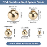 250Pcs 5 Styles 304 Stainless Steel Beads, Round, Golden, 2~6x2~5mm, Hole: 0.8~2.2mm, 50pcs/style