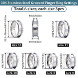 18Pcs 6 Size 304 Stainless Steel Grooved Finger Ring Settings, Ring Core Blank, for Inlay Ring Jewelry Making, Stainless Steel Color, US Size 6 1/2~13(16.9~22.2mm), 3Pcs/size