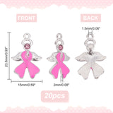 PandaHall EliteOctober Breast Cancer Pink Awareness Ribbon, with Angel Wing Alloy Enamel Pendants, with Rhinestone, Pearl Pink, 23.5x15x2mm, Hole: 1.5mm, about 20pcs/box