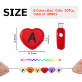 180Pcs 6 Colors Horizontal Hole Opaque Acrylic Beads, Heart with Random Letters, Mixed Color, 10.5x11.5x4.5mm, Hole: 2mm, 30pcs/color