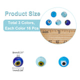 48Pcs 3 Colors Handmade Evil Eye Lampwork Round Beads, Mixed Color, 8mm, Hole: 1mm, 16pcs/color