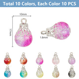 100Pcs 10 Color Crackle Glass Charms, with Iron Findings, Round, Platinum, 17x10mm, Hole: 1.8mm, 10Pcs/color