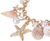 Trendy Shell Charm Bracelets, CCB Plastic Alloy Rhinestone Starfish and Glass Pearl Pendants, with Iron Chains and Brass Lobster Claw Clasps, Golden, 230mm