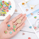 Printed Wooden Buttons, 2-Hole, Heart, Mixed Color, 13x15x2.5mm, Hole: 1.5mm, 100pcs/box