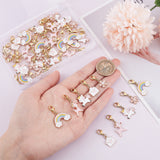 50Pcs Alloy Enamel Pendant Decorations, Deer & Unicorn & Sakura Flower & Envelope & Rainbow, with 304 Stainless Steel Lobster Claw Clasps, Mixed Color, 27~29mm