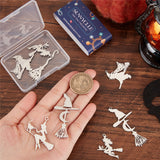 10Pcs 5 Style Halloween 201 Stainless Steel Big Pendants, Laser Cut, Witch Hat with Witch Broom, Stainless Steel Color, 31~57x27~35x1~1.5mm, Hole: 1.4~2mm, 2pcs/style