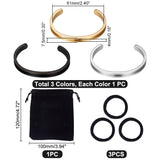 3Pcs 3 Color 304 Stainless Steel Grooved Bangles, Cuff Bangle, for Gemstone, Leather Inlay Bangle Making, with 1Pc Velvet Bag, Mixed Color, 1/4 inch(0.75cm), Inner Diameter: 2-3/8 inch(6.1cm), 1pc/color