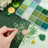 12000Pcs 15 Style 12/0 Opaque Glass Seed Beads, Round, Small Craft Beads for DIY Jewelry Making, Green, 2~3x1.5~2mm, Hole: 1mm, about 800Pcs/style