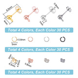 120Pcs 4 Color Iron Ball Stud Earring Findings, with Horizontal Loops & 120Pcs Ear Nuts & 120Pcs Iron Open Jump Rings, Mixed Color, 6.5x4mm, Hole: 1mm, Pin: 0.8mm, 30Pcs/color